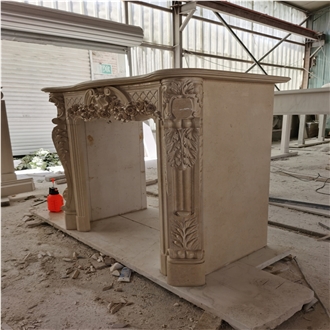 Hand Carved Beige Marble Cherub Fireplace Mantel