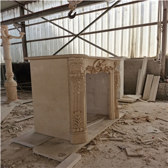 Hand Carved Beige Marble Cherub Fireplace Mantel
