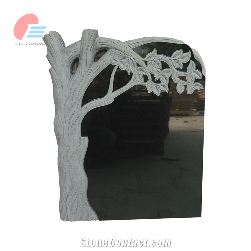 India Absolute Black Granite Classic Tree Engraved Tombstone