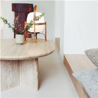 Home Decor Beige Round Travertine Side Table