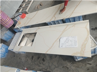 2Cm 3Cm Eased Edge Gold Veins Quartz Kitchen Countertop