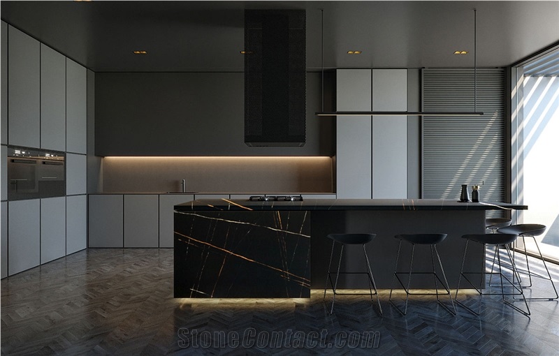 Custom Black Quartz Gold Veins 5048 Quartz Kitchen Countertop