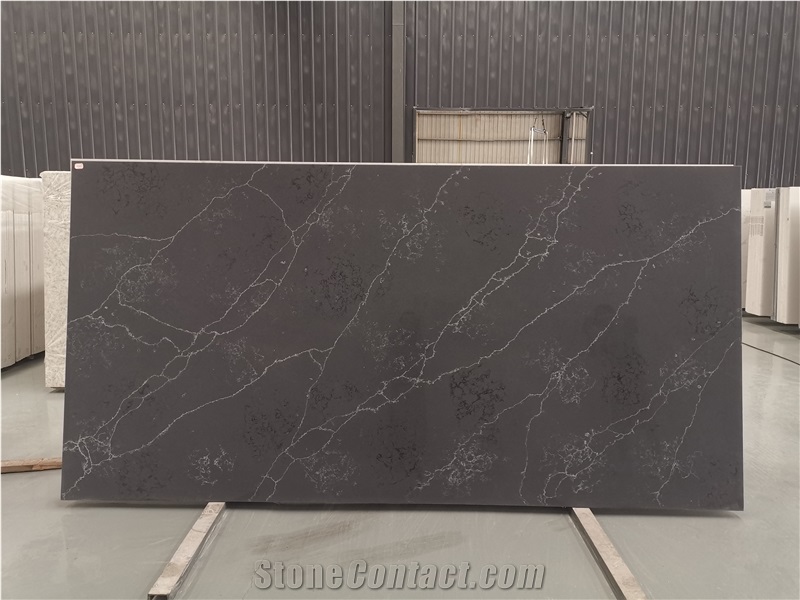 Saw Cut Polished Surface Artificial Black Quartz Slabs
