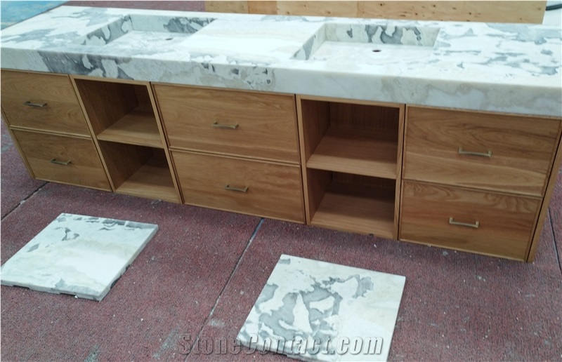 Goldtop Fendi White Double Sink  Bathroom Countertop