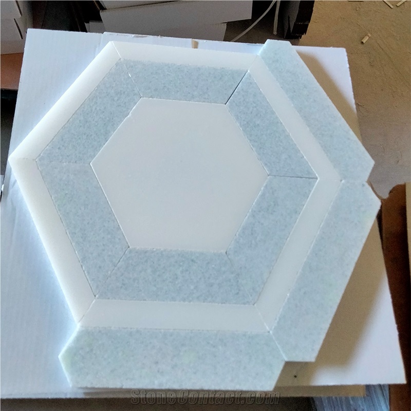 Blue Marble And Thassos White Hexagon Mosaic Tiles