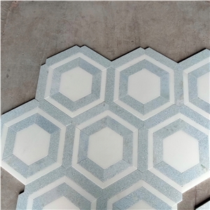 Blue Marble And Thassos White Hexagon Mosaic Tiles