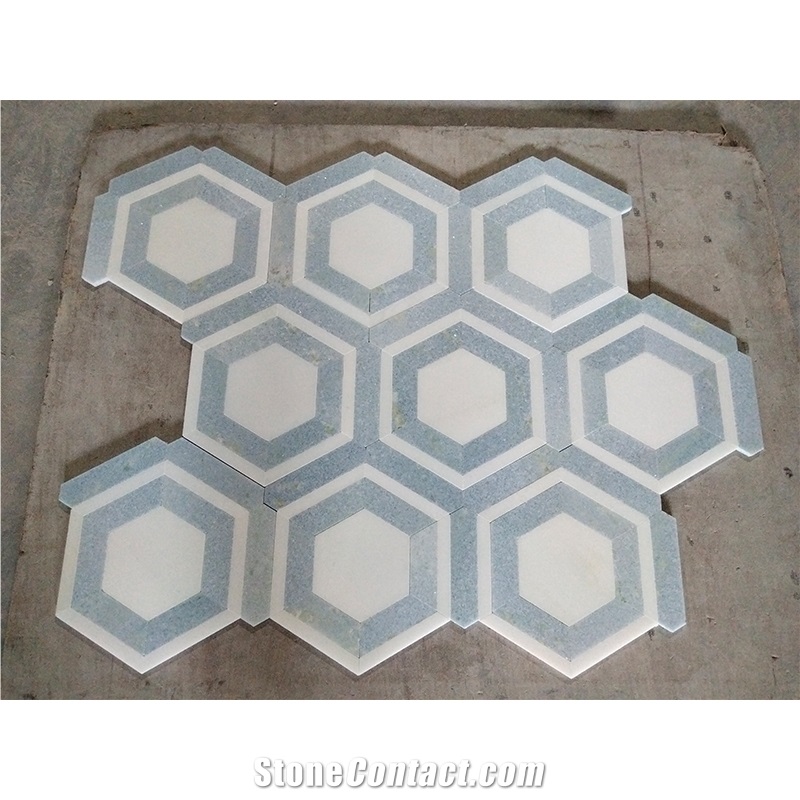 Blue Marble And Thassos White Hexagon Mosaic Tiles
