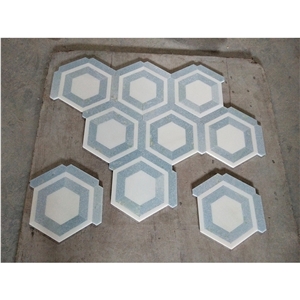 Blue Marble And Thassos White Hexagon Mosaic Tiles