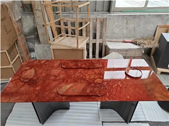 8 Seaters Marble Red Jasper Dining Table For Restaurant