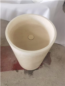 Beige Limestone Moca Cream Pedestal Wash Basin For Bathroom