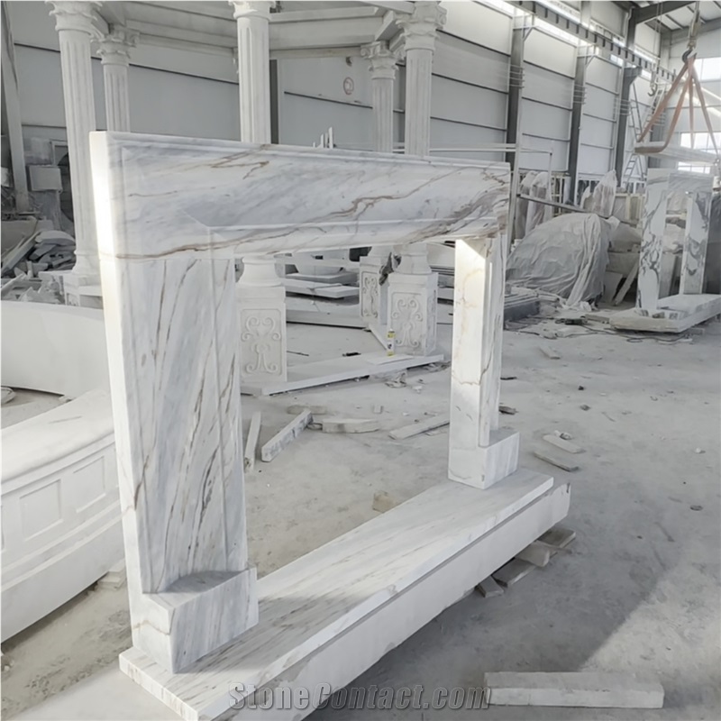 White Marble With Gold Line Fireplace