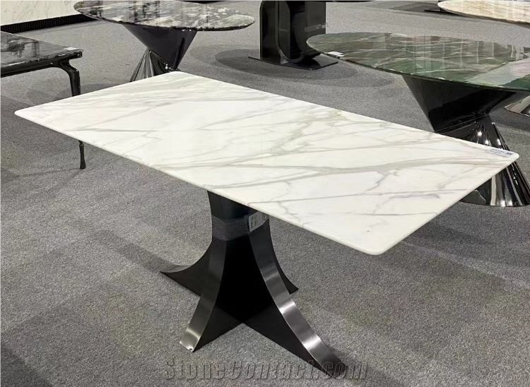 Calacatta White Marble With Metal Base Restaurant Table Tops