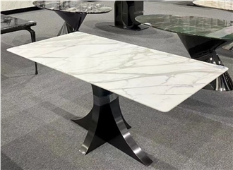 Calacatta White Marble With Metal Base Restaurant Table Tops
