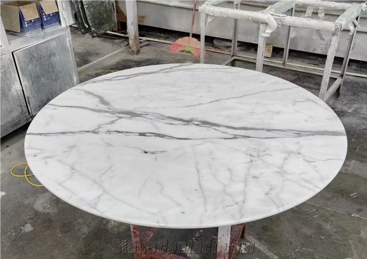 Calacatta White Marble With Metal Base Restaurant Table Tops