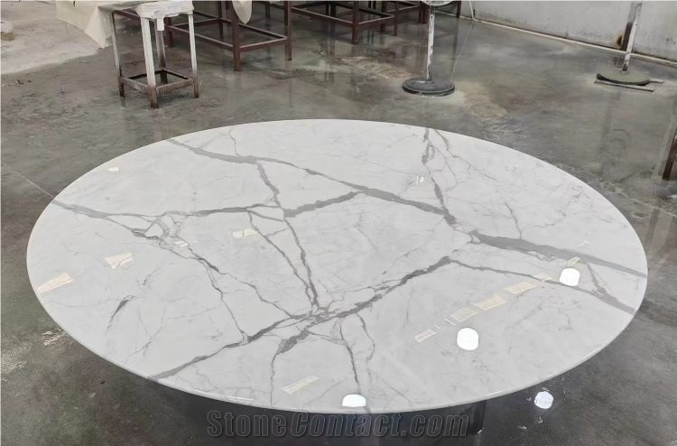 Calacatta White Marble With Metal Base Restaurant Table Tops