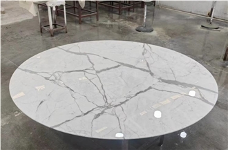 Calacatta White Marble With Metal Base Restaurant Table Tops