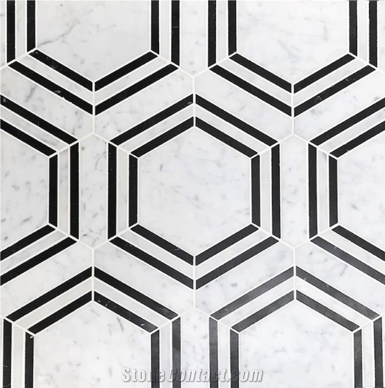 Hexagon Carrara Bianco Marble Mosaic Tiles For Flooring