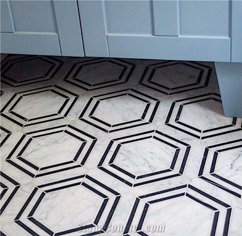 Hexagon Carrara Bianco Marble Mosaic Tiles For Flooring
