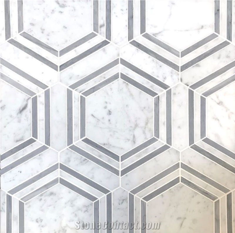 Hexagon Carrara Bianco Marble Mosaic Tiles For Flooring