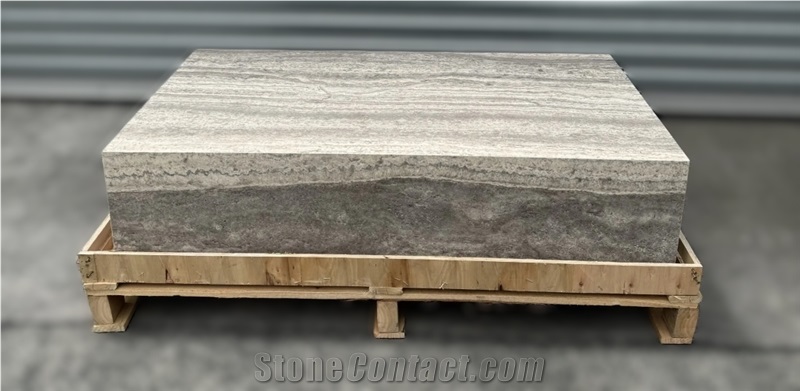 Marble Stone Plinth Polished Silver Travertine Coffee Table