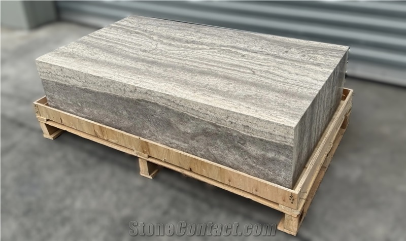 Marble Stone Plinth Polished Silver Travertine Coffee Table