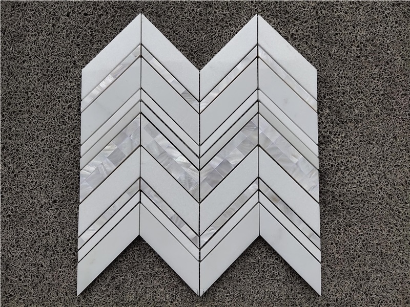 Carrara & Pearl Shell Honed Marble Chevron Mosaic Tile