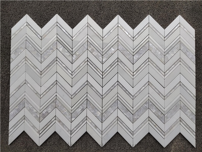 Carrara & Pearl Shell Honed Marble Chevron Mosaic Tile