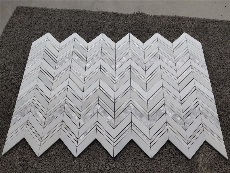 Carrara & Pearl Shell Honed Marble Chevron Mosaic Tile