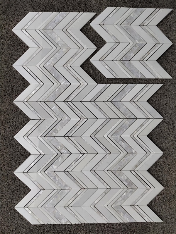 Carrara & Pearl Shell Honed Marble Chevron Mosaic Tile