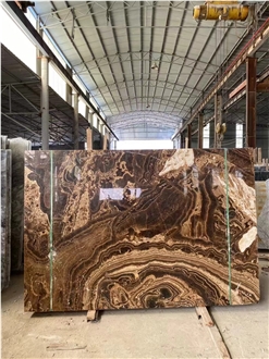 Backlit Classic Brown Traonyx Slabs For Bathroom Wall Facade