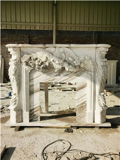 Carved Angels Beige Limestone Fireplace Mantel For Indoors