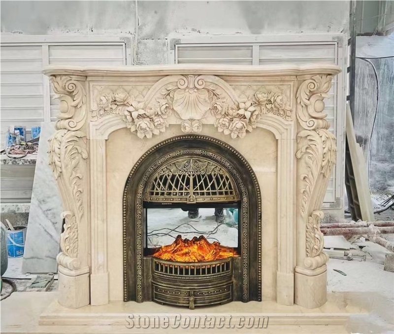 Carved Angels Beige Limestone Fireplace Mantel For Indoors