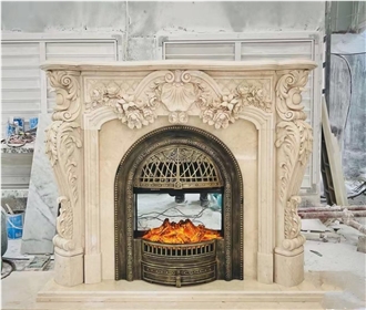 Carved Angels Beige Limestone Fireplace Mantel For Indoors