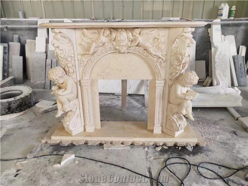 Carved Angels Beige Limestone Fireplace Mantel For Indoors