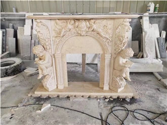 Carved Angels Beige Limestone Fireplace Mantel For Indoors
