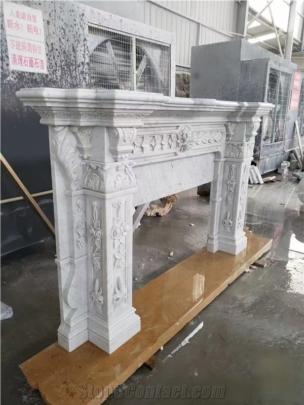 Sculptured Italian Marble Statuario Indoor Fireplace