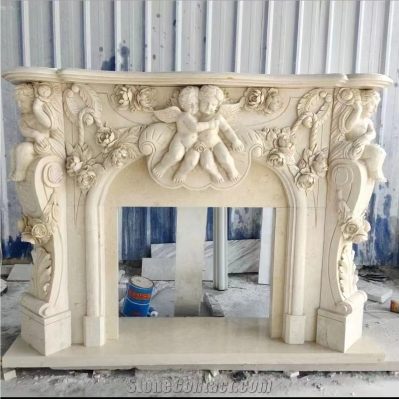 Sculptured Italian Marble Statuario Indoor Fireplace
