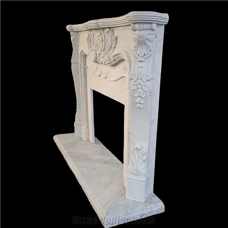 Classic White Marble Indoor Fireplace Custom Made