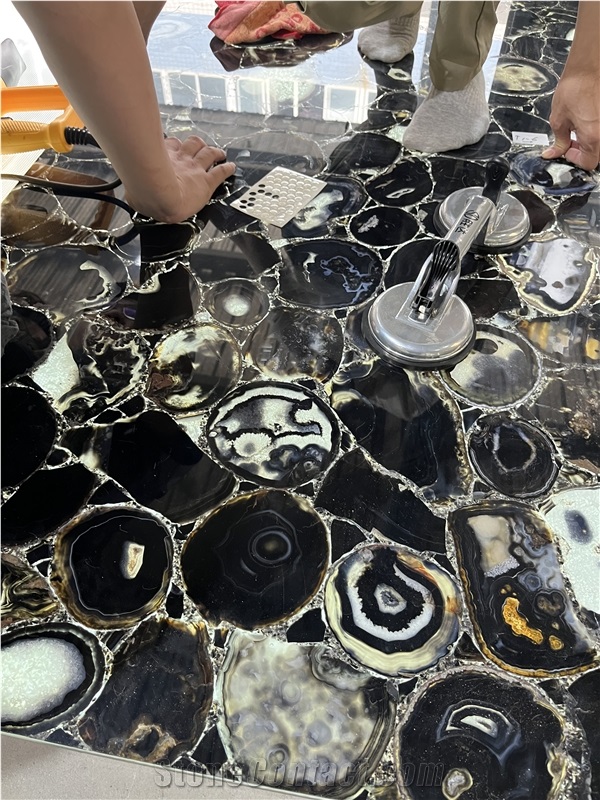 Backlit Black Agate Semiprecious Stone Tiles On The Floor