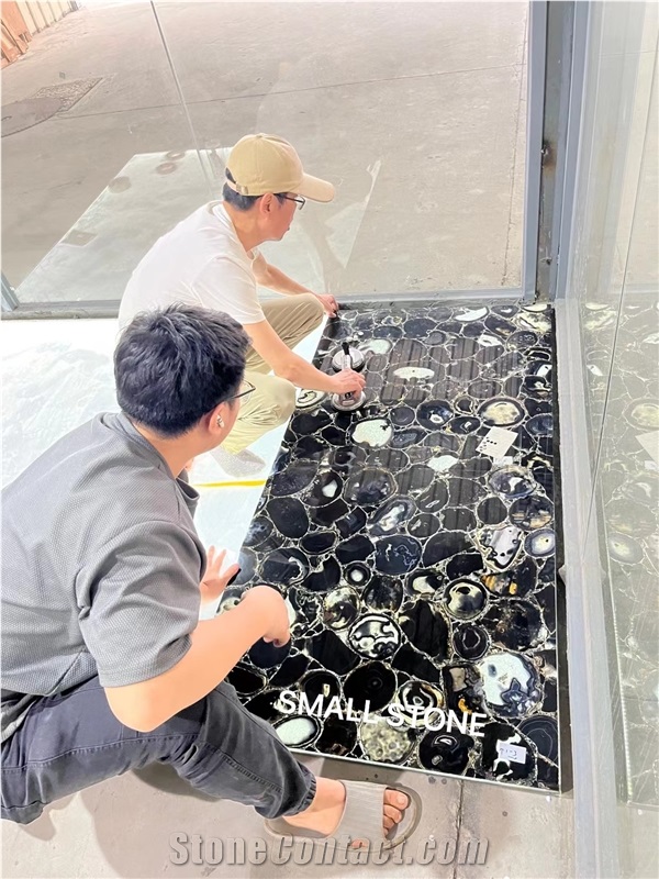 Backlit Black Agate Semiprecious Stone Tiles On The Floor