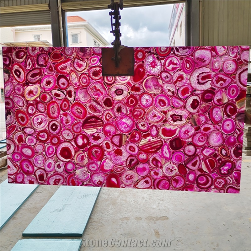 Pink Agate Stone Wall Panels, Semi Precious Stone Slabs