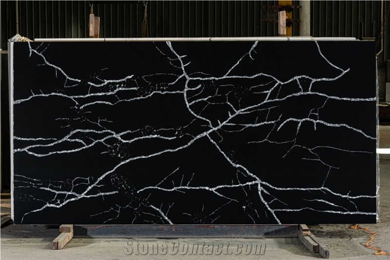 Marquina Black Marble Look Quartz Slabs