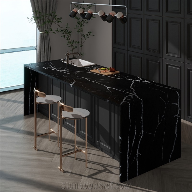 Marquina Black Marble Look Quartz Slabs