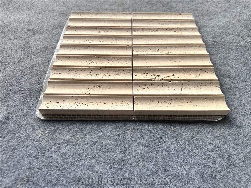 Beige Travertine 3D Honed Concave Flute Mosaic Tiles