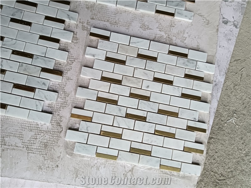 Brass Inlaid Cararra White Marble Stone Mosaic Tiles