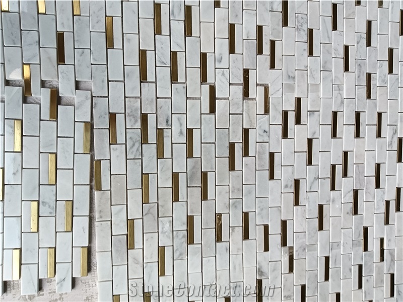 Brass Inlaid Cararra White Marble Stone Mosaic Tiles
