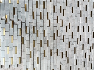 Brass Inlaid Cararra White Marble Stone Mosaic Tiles