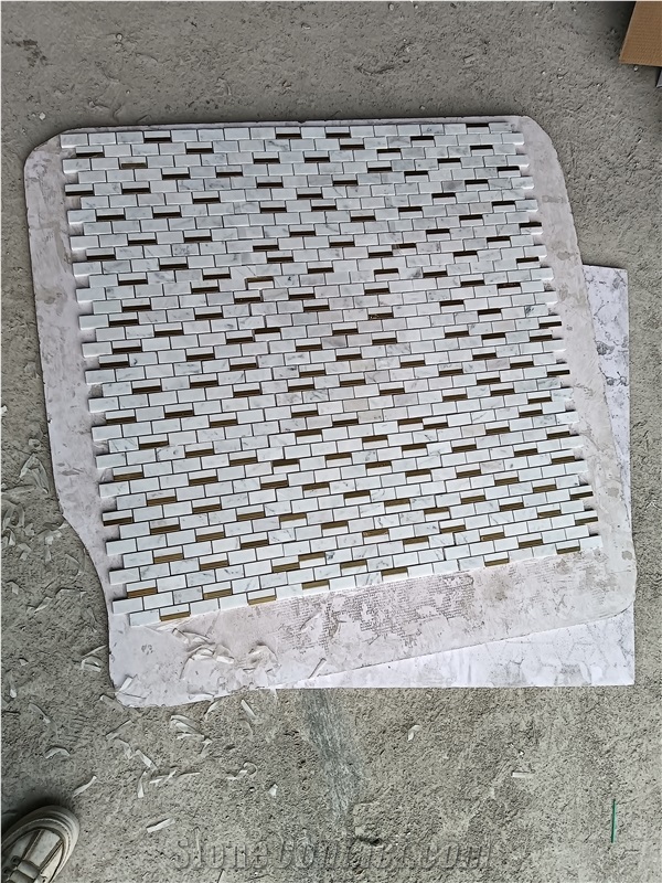 Brass Inlaid Cararra White Marble Stone Mosaic Tiles