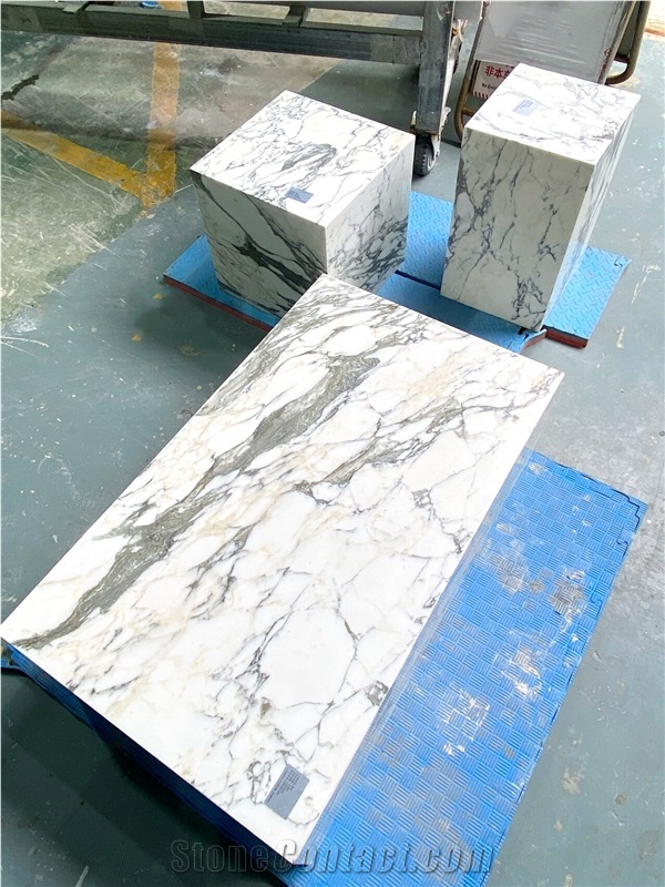 Italian Arabescato White Marble Plinth Coffee Table