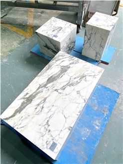Italian Arabescato White Marble Plinth Coffee Table